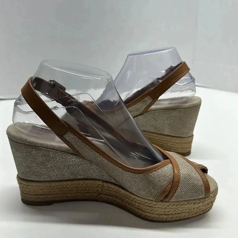 Tory Burch Mya Espadrille Wedge Heels Pump Peep Toe Slingback Brown Sparkle 7